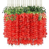 U'Artlines 24 Pack (Total 86.4 Feet) Artificial Fake Wisteria Vine Rattan Hanging Garland Silk Flowers String Home Party Wedding Decor (24, Red)