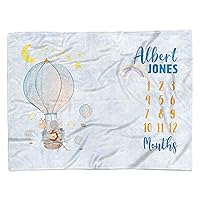 TEEAMORE Custom Baby Monthly Milestone Throw Blanket Cute Animals in Hot Air Balloon Add Your Text Baby Girl Boy Age Photo Reveal Months Shower Blanket (30X40)