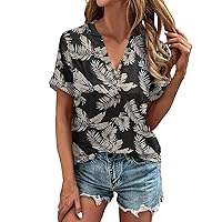 Womens T Shirts V Neck Rolled Short Sleeve Summer Tops Casual Button Trendy Loose Fit Business Dressy Blouses
