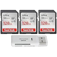SanDisk 128GB (3 Pack) Ultra SDXC UHS-I Class 10 Memory Card 140MB/s U1, Full HD, SD Camera Card SDSDUNB-128G (3 Pack) Bundle with (1) GoRAM USB 3.0 Card Reader (128GB)