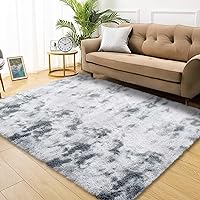 8 x 10 Feet Shag Area Rugs for Living Room, Fluffy Soft Throw Carpets Indoor Modern Accent Rugs for Boys and Girls Bedroom, Abstract Shaggy Plush Throw Rugs for Home Decor, Tie-Dyed Light Grey