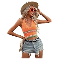 Womens Summer Tops Sexy Casual T Shirts for Women Contrast Trim Backless Halter Knit Top