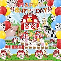 184 Pcs Farm Birthday Party Supplies for 20 Guests, Animal Party Decorations Includes Happy Birthday Banner, Cupcake Toppers, Balloons, Foil Balloons, Tablecloth, Backdrop and Animals Theme Tableware