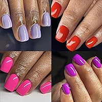 Short Press on Nails Solid Color Glossy Fake Nails with Glue Solid Color Glitter Full Cover False Nails Stick on Nails for Women and Girls Rose Red Pink Purple Reusable Nails Sets