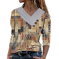 Women's Plaid Print Long Sleeve Shirts Asymmetrical V Neck Casual Top Fashion Ruched Button Trim Fitted Blouses