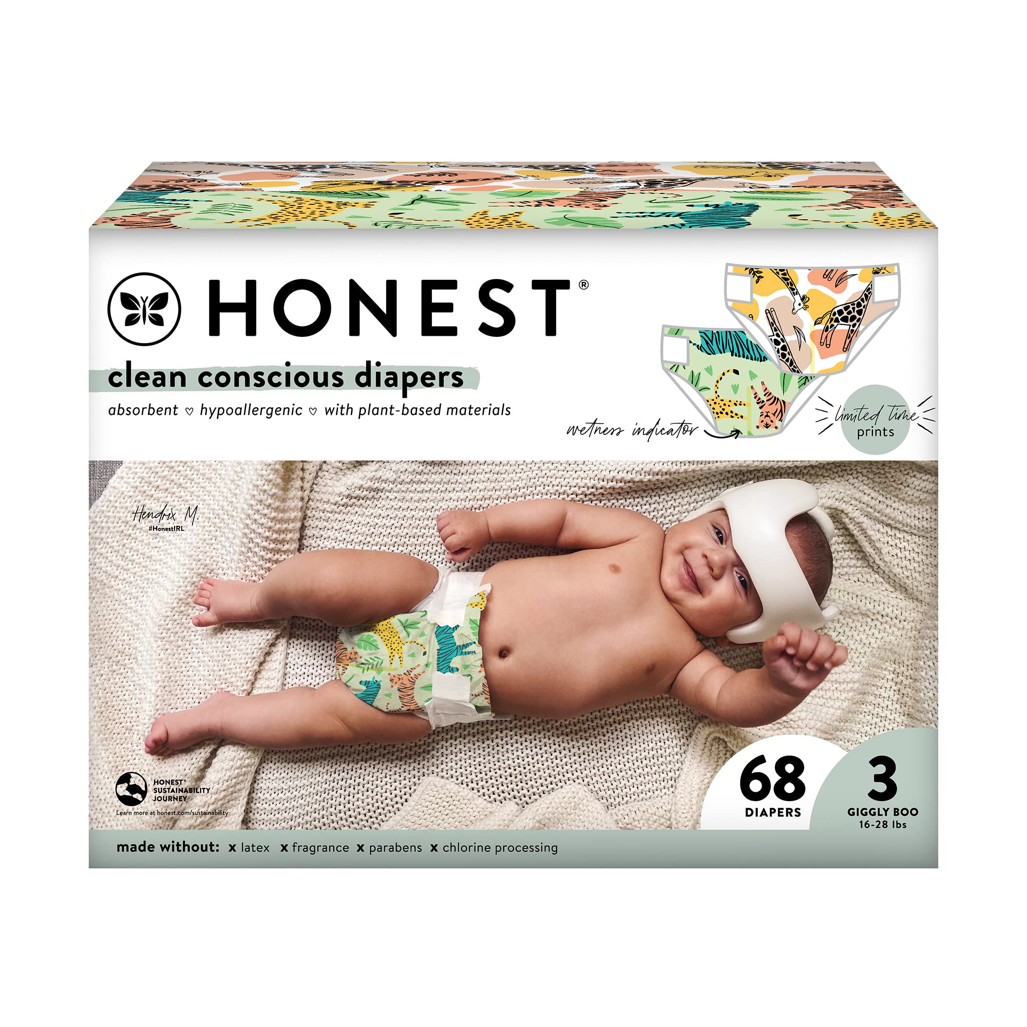 The Honest Company Clean Conscious Diapers | Plant-Based, Sustainable | Stripe Safari & Seeing Spots | Club Box, Size 3 (16-28 lbs), 68 Count