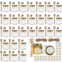 1.5 oz Hexagon Mini Glass Honey Jars with Wood Dippers, Gold Lids,Bee Pendants,Jutes,35 Stickers,Perfect for Baby Shower,Wedding Favors,Party Favors, Small, 30 Pack
