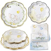 Kate Aspen 62 Piece Elephant Baby Shower Tableware Party Kit - 16pcs 7 inch & 9 inch Heavy Duty Disposable Party Plates, 30pcs 6.5 inch Durable Paper Napkins for Birthday, Baby Shower Party