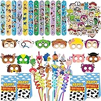 96PCS Toy Inspired Story Party Favor Supplies -Reusable Drinking straws Masks&Slap Bracelets Bags&Stickers Gifts for Kids Birthday Toy Inspired Story Themed Party Favors Birthday Decorations