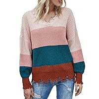Flygo Women's Loose Striped Distressed Sweater V Neck Ripped Knit Pullover Top