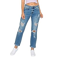Women's Boyfriend Jeans with Destructed Blown Knee and Rolled Cuff