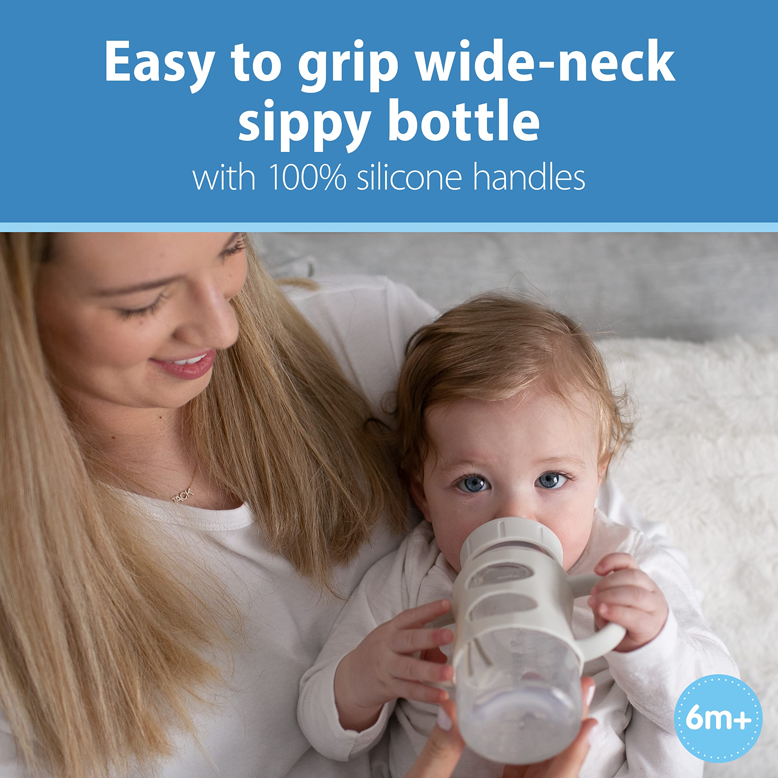 Dr. Brown’s® Milestones™ Wide-Neck Sippy Bottle with 100% Silicone Handles, Easy-Grip Bottle with Soft Sippy Spout, 9oz/270mL, BPA Free, Gray, 6m+
