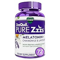 ZzzQuil PURE Zzzs Melatonin Sleep Aid Gummies, Helps You Fall Asleep Naturally, Wildberry Vanilla Flavor, Chamomile Lavender & Valerian Root, 1mg per gummy, 72 Count