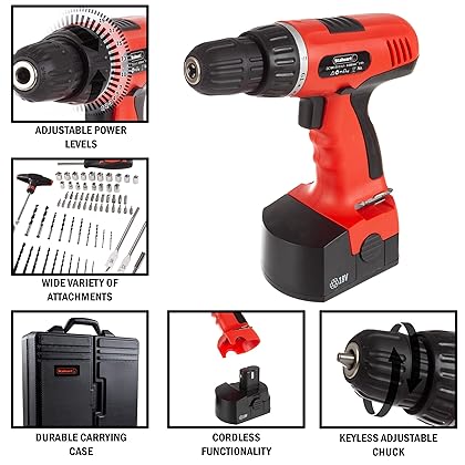 18V Cordless Drill Set - 78-Piece Tool Set with Drill Bits, Sockets, Driver Bits, Flashlight, Rechargeable Battery, and Tool Box by Stalwart (Red)