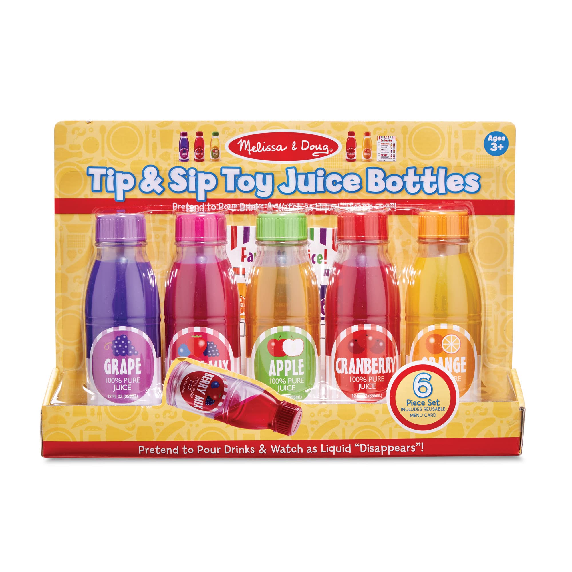 Melissa & Doug Tip & Sip Toy Juice Bottles and Activity Card (6 Pcs) - Pretend Play Food Set, Play Kitchen Food For Ages 3+