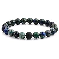 Jewelry Mens Polished Azurite Stone and Matte Onyx Beaded Stretch Bracelet (10.5mm Wide), Green/Blue, One Size