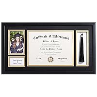 11x22 Diploma Frames with Tassel Holder for 8.5x11 Certificate Document Shadow Box, 4x6 Graduation Photo, Matte Black Frame, Degree Double Mat, Black with Gold Rim