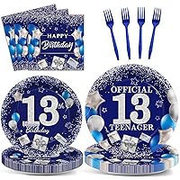 gisgfim 96 Pcs 13th Birthday Party Supplies 13th Birthday Party Paper Plates Napkins Blue Silver Official Teenager 13th Party Tableware Decorations for Boys Girls 13 Years Old Favors Serves 24