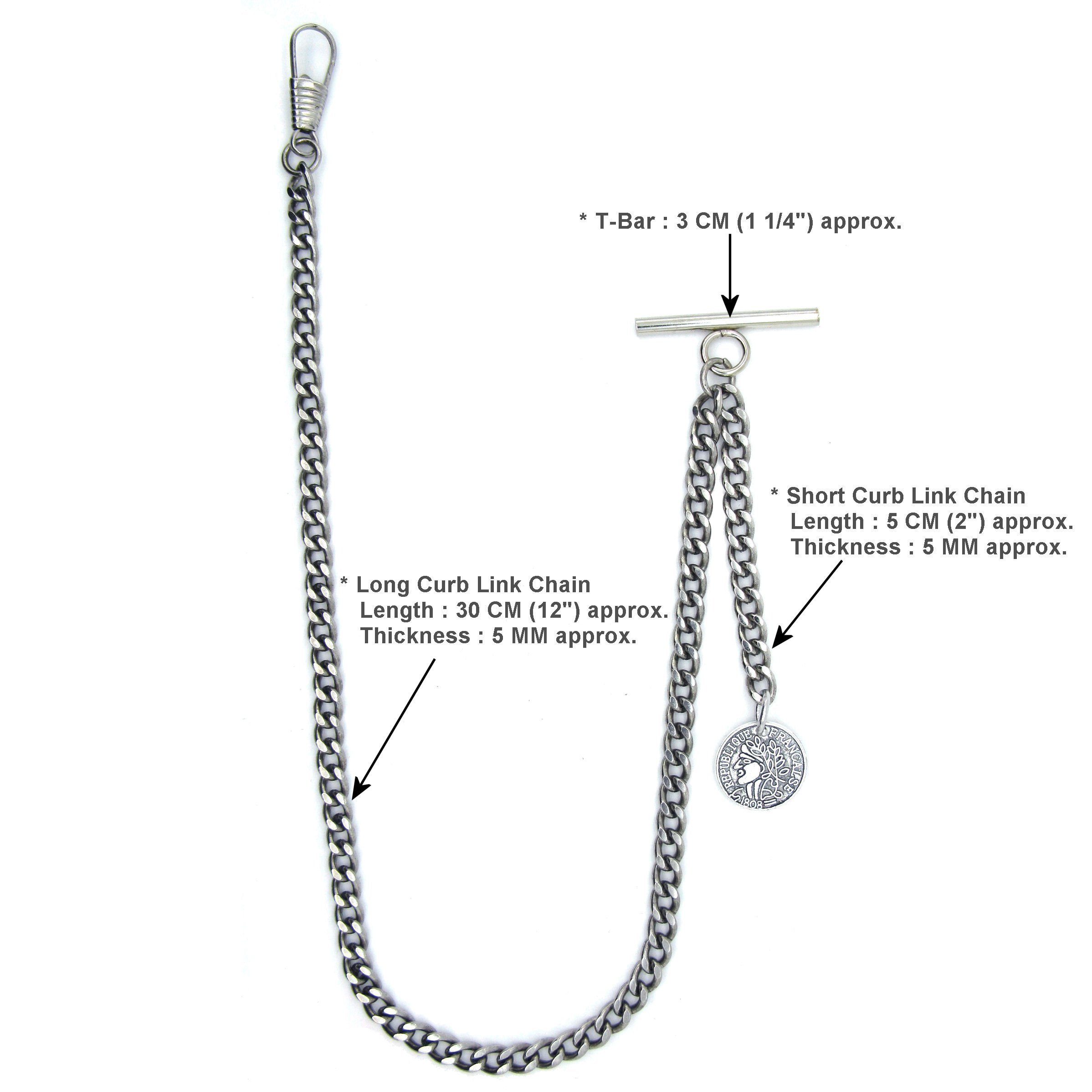 Albert Chain Silver Color Pocket Watch Chains for Men with Francaise Medal Fob T Bar AC47