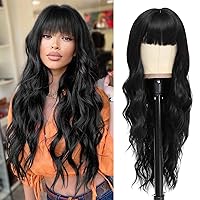 Long Black Wigs with Bangs for Women Curly Wavy Hair Wigs Heat Resistant Synthetic Fiber Wigs for Daily Party Use 26 Inches (Black)