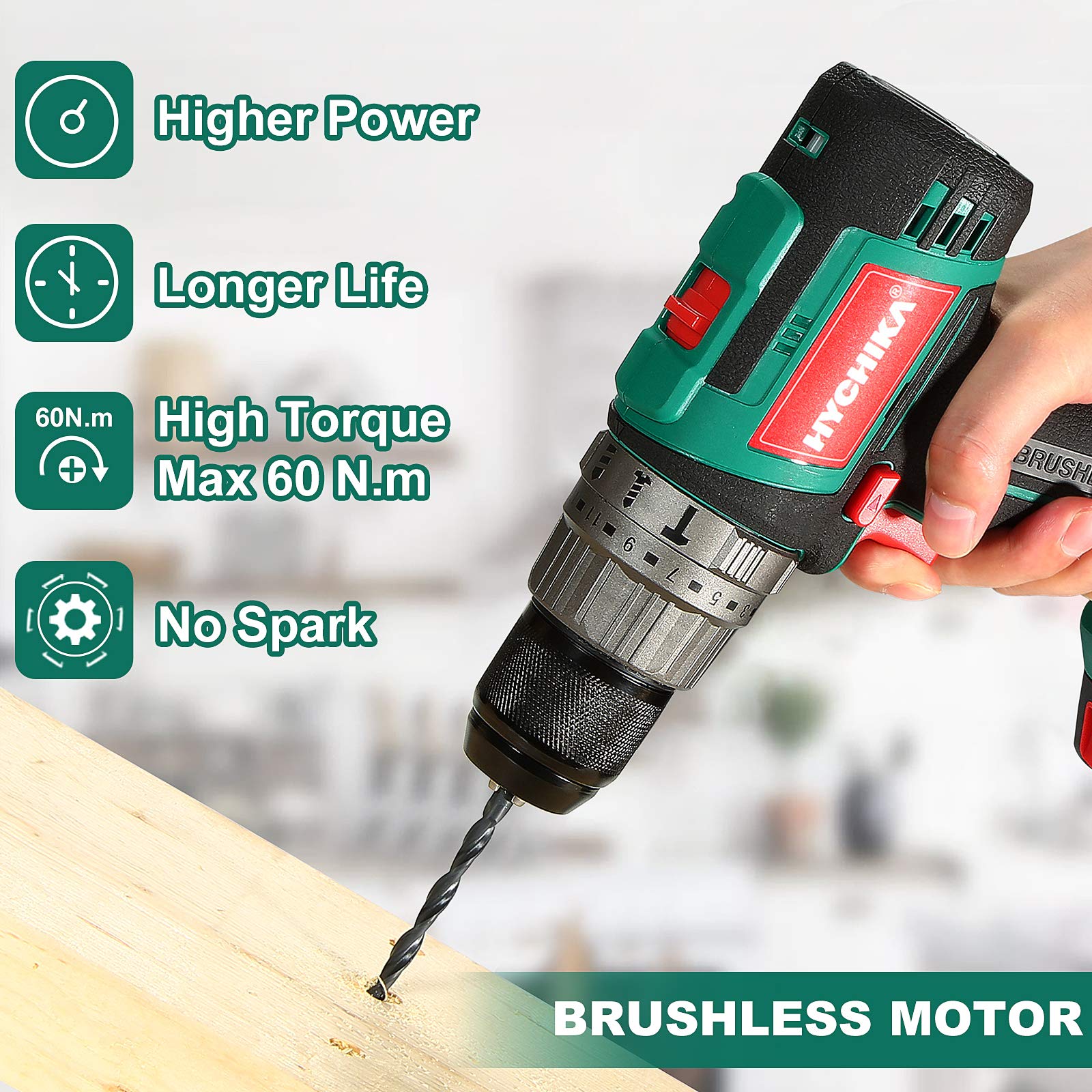 Cordless Drill 20V Max, HYCHIKA Brushless Drill Max Torque 530 In-lbs, 2.0 AH Battery 1H Fast Charger, 21+3 Torque Setting 1/2