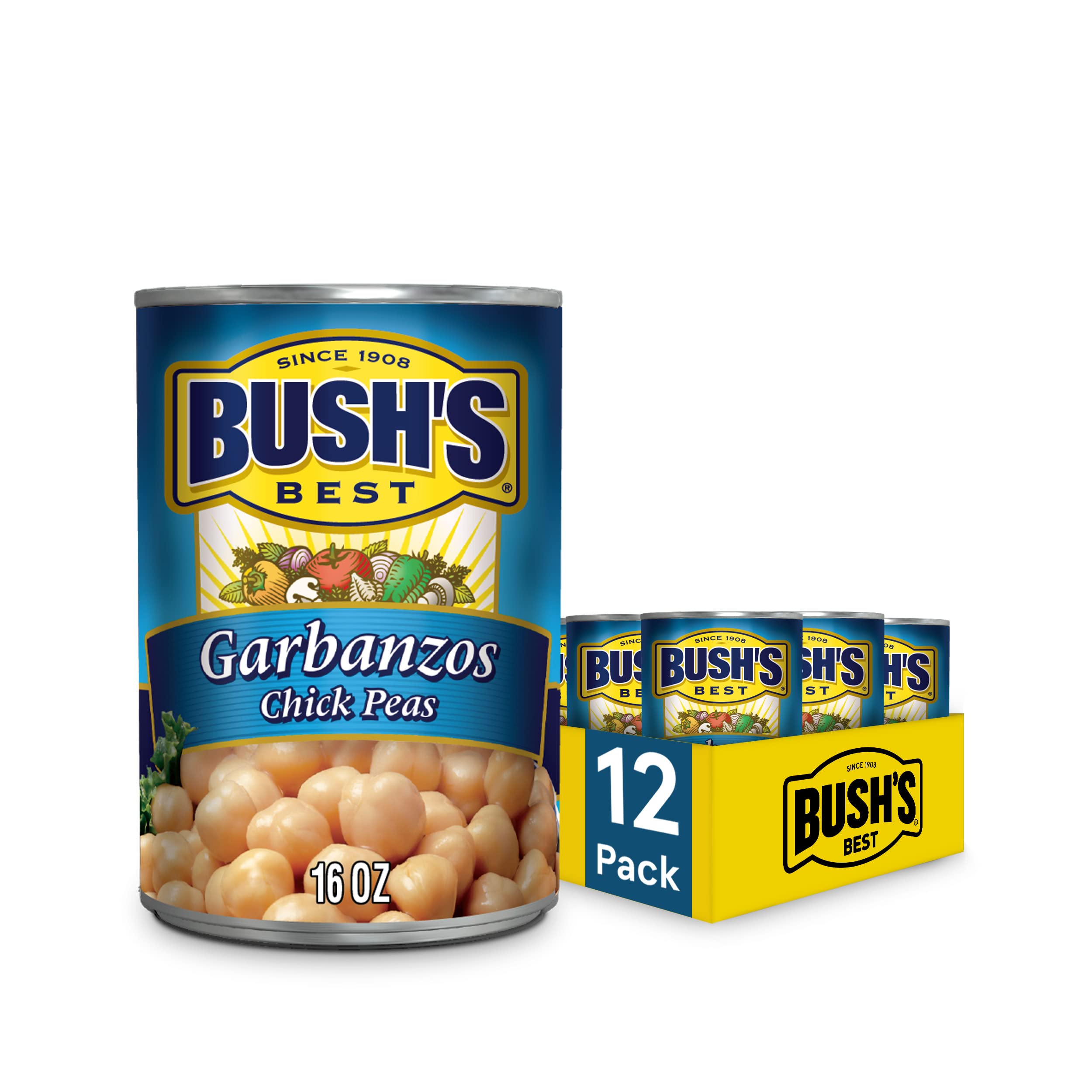 BUSH'S BEST Canned Garbanzo Beans (Chickpeas) (Pack of 12), Source of Plant Based Protein and Fiber, Vegetarian, Low Fat & Gluten Free, 16 oz