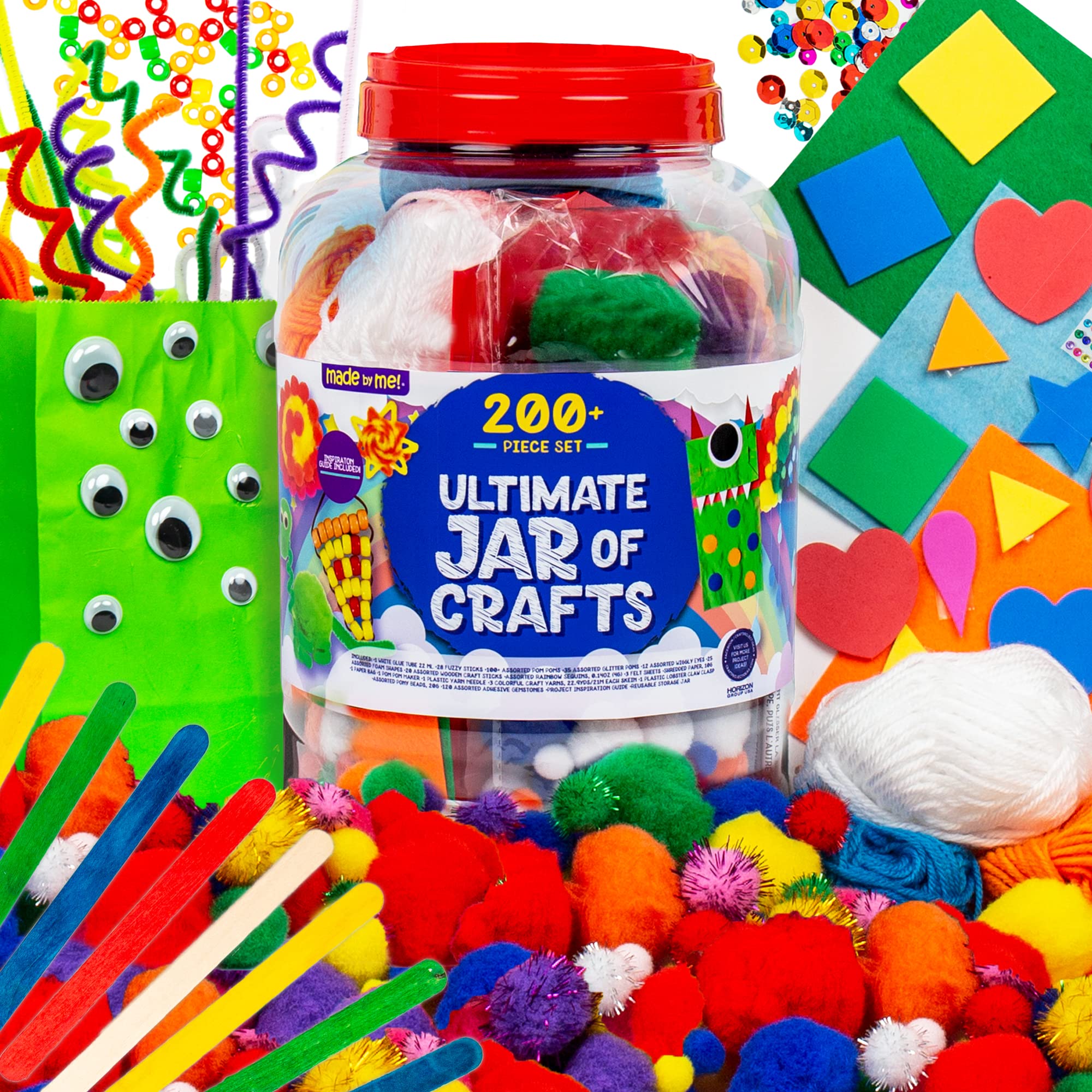 Made By Me! Ultimate Jar of Crafts, 200+ Piece Rainbow Craft Supply Bundle, Craft Supplies Starter Kit, Great Arts & Crafts Kit for Travel On-The-Go, Perfect for Kids Adults Ages 5, 6, 7, 8, 9, Multi