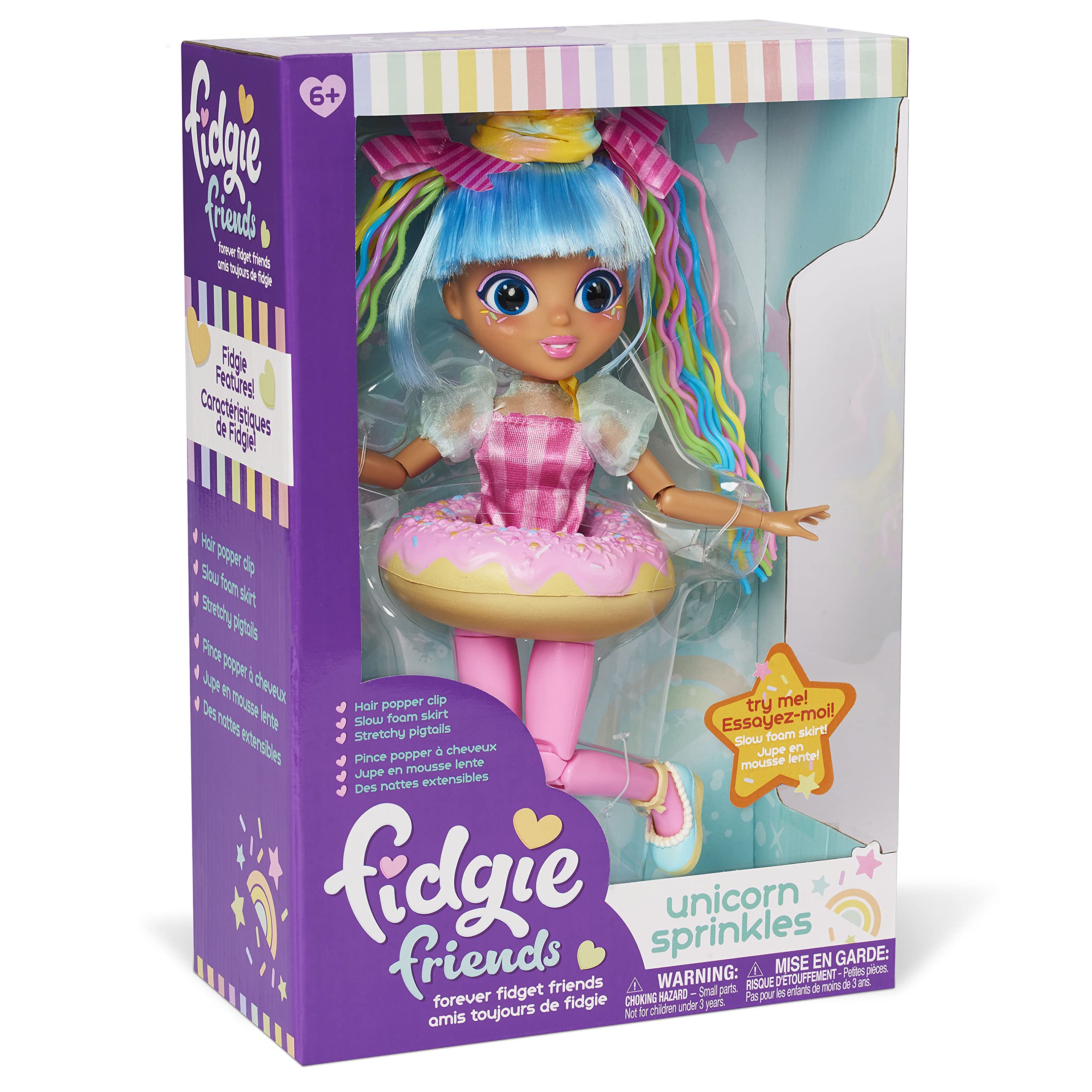Sunny Days Entertainment Fidgie Friends Unicorn Sprinkles – Stretchy Noodle Hair with Slow Foam Donut Skirt | 10.5 Inch Fashion Doll with Fidgets | Sensory Toys for Kids