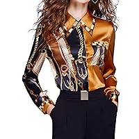 LAI MENG FIVE CATS Women's Casual Collared Neck Print Button-Up Long Sleeves Blouse Tops(Outlet,Short in Size)