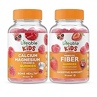Lifeable Calcium Magnesium Kids + Prebiotic Fiber Kids, Gummies Bundle - Great Tasting, Vitamin Supplement, Gluten Free, GMO Free, Chewable Gummy