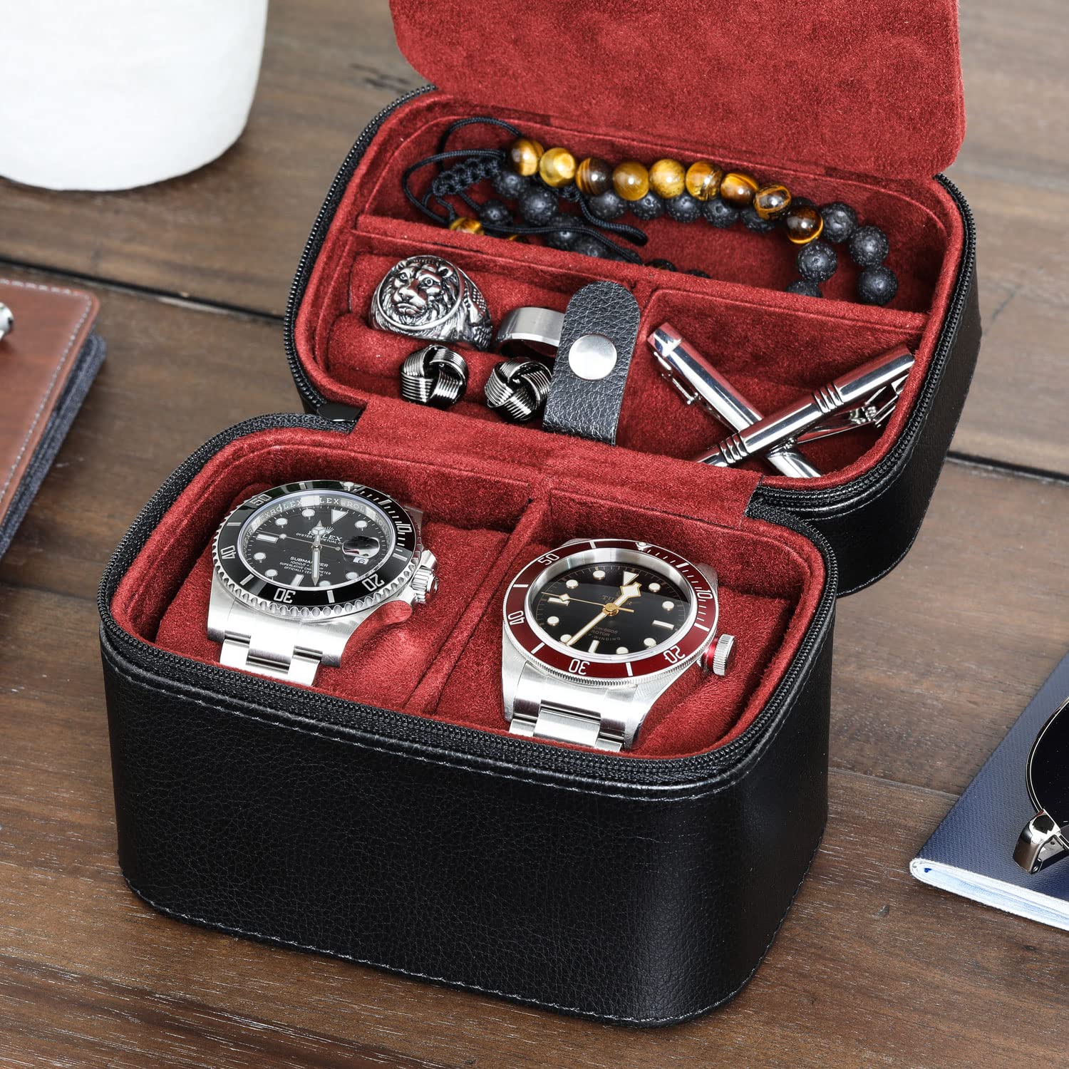 ROTHWELL 2 Watch Travel Case Storage Organizer for 2 Watches | Tough Portable Protection w/Zipper Fits All Wristwatches & Smart Watches Up to 50mm (Black/Red)