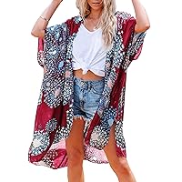 Chunoy Women Open Front Short Sleeve Floral Print Midi Side Slit Kimono Cover Up Beach Wear Blouse Top Wine Red