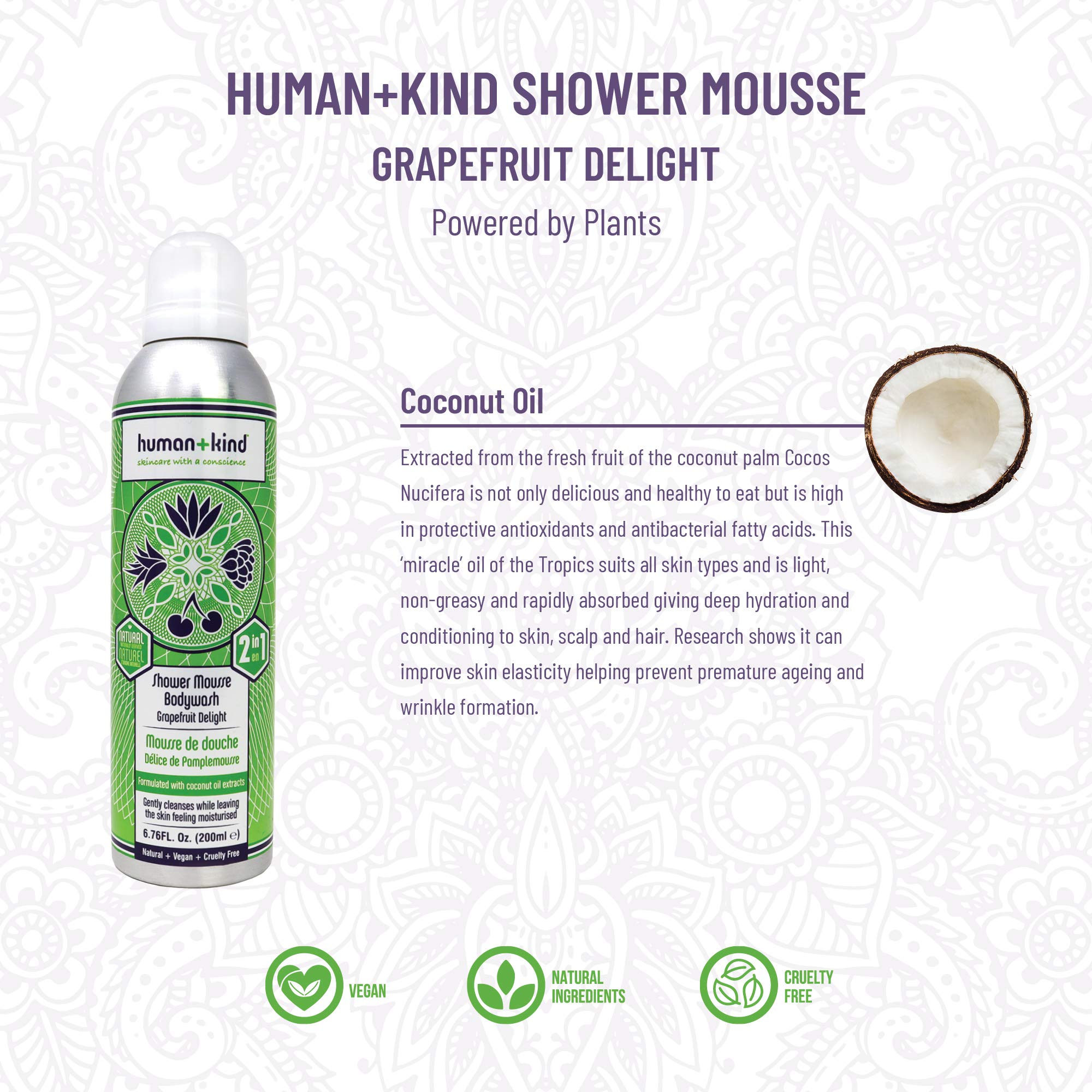 Human+Kind Shower Mousse Body Wash - Suitable For Sensitive Skin - Delicately Fragranced - Leaves Your Body Feeling Cleansed And Beautifully Soft - Nourishes Dry Skin - Grapefruit Delight - 6.76 Oz.