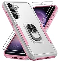 Janmitta for Samsung Galaxy S24 Case with Screen Protector[2 Pack],Heavy Duty Shockproof Full Body Protective Cover Built in Rotatable Metal Ring Holder Kickstand,2024 White
