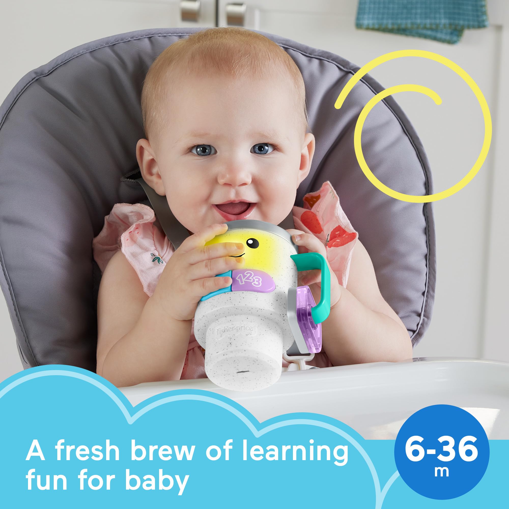 Fisher-Price Laugh & Learn Baby & Toddler Toy Wake Up & Learn Coffee Mug with Lights Music and Learning Content for Ages 6+ Months