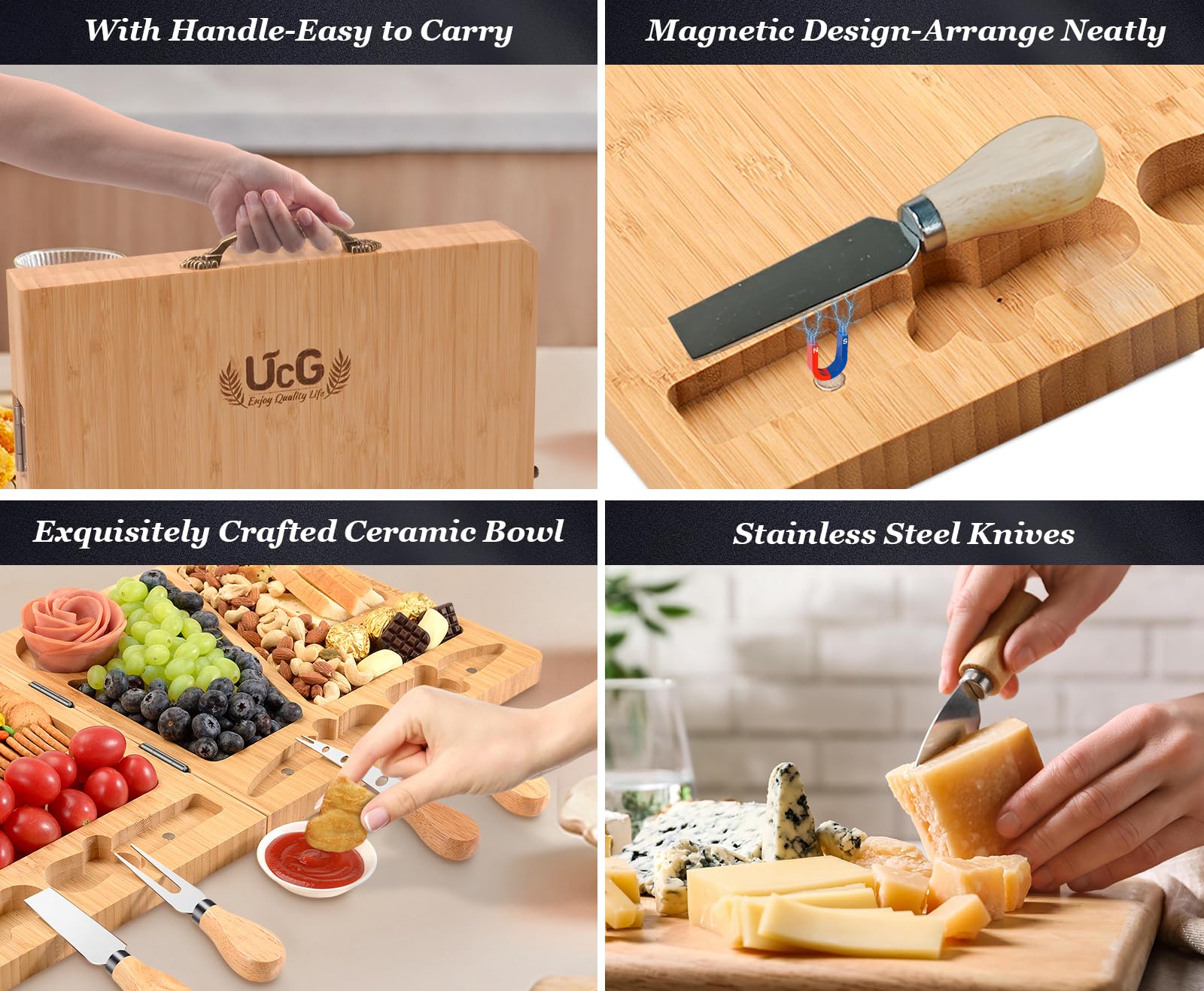 Cheese Board Charcuterie Gift Folding - Bamboo Sturdy Easy to Storage Magnetic Mount Serving Platter with Knife Travel Picnic Cheese Tray Set Christmas Housewarming Wedding Birthday Party Gift UTCG U1