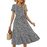 Lyrur Women's Dresses Casual Summer Tiered Midi Dress Short Sleeve Belted Ruffle Babydoll Boho Sundress with Pockets