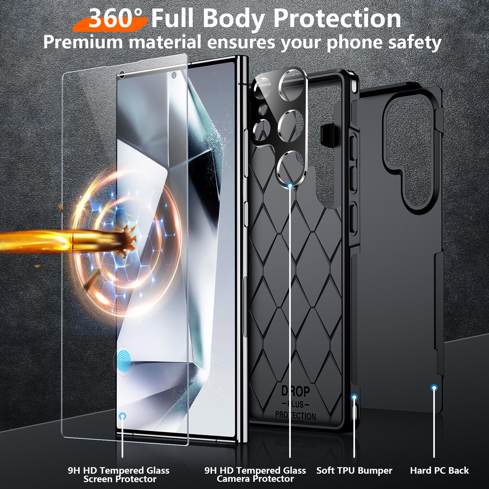 Red2Fire for Samsung Galaxy S24 Ultra Case, with 2Pcs [Tempered Glass Screen Protector+Camera Protector][Military Grade Shockproof] Heavy Duty Full Body Protection Phone Case for S24 Ultra Case,Black