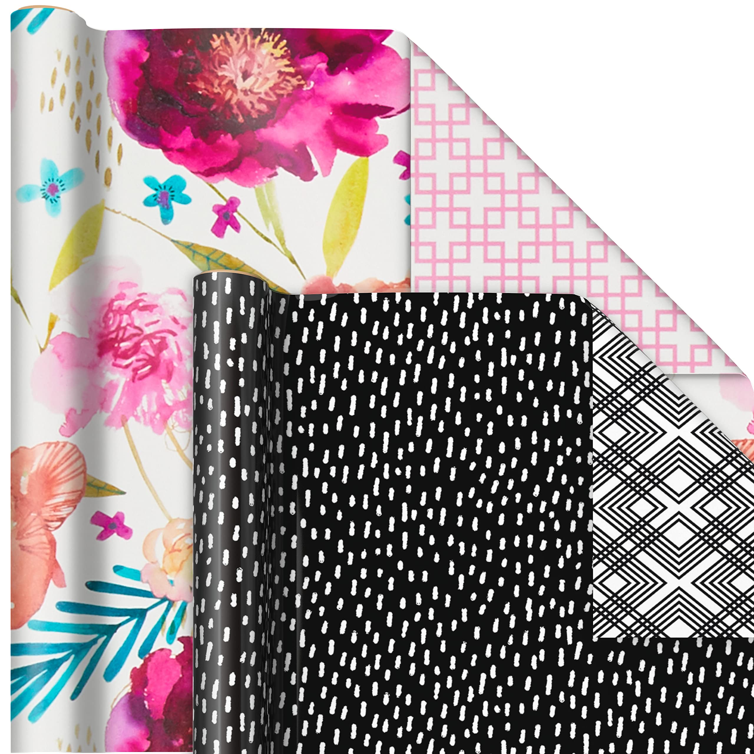 Hallmark Reversible Wrapping Paper Bundle (6 Rolls: 195 Square Feet Total) Flowers & Polka Dots, Black and White, Pink and Blue for Birthdays, Weddings, Valentine's Day, Mother's Day, Baby Shower