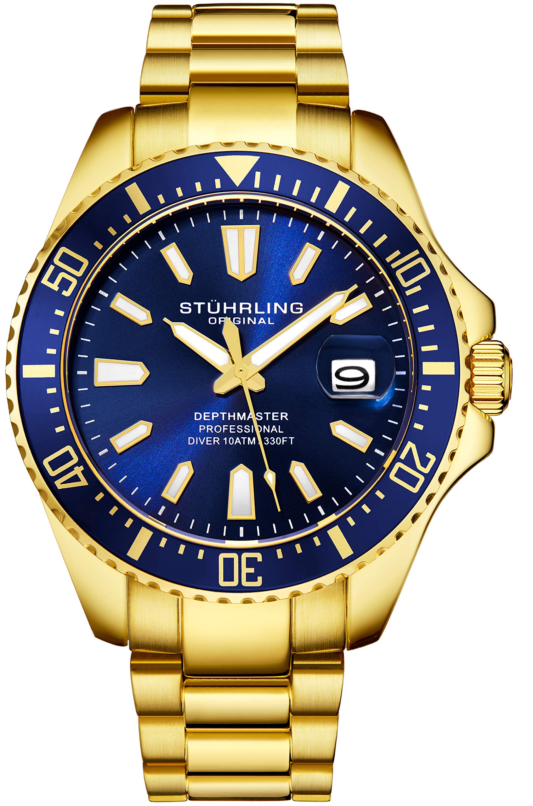 Stuhrling Original Men's Watches Dive Watch Black Dial 42MM Silver Stainless Steel Bracelet Water Resistant to 330 FT