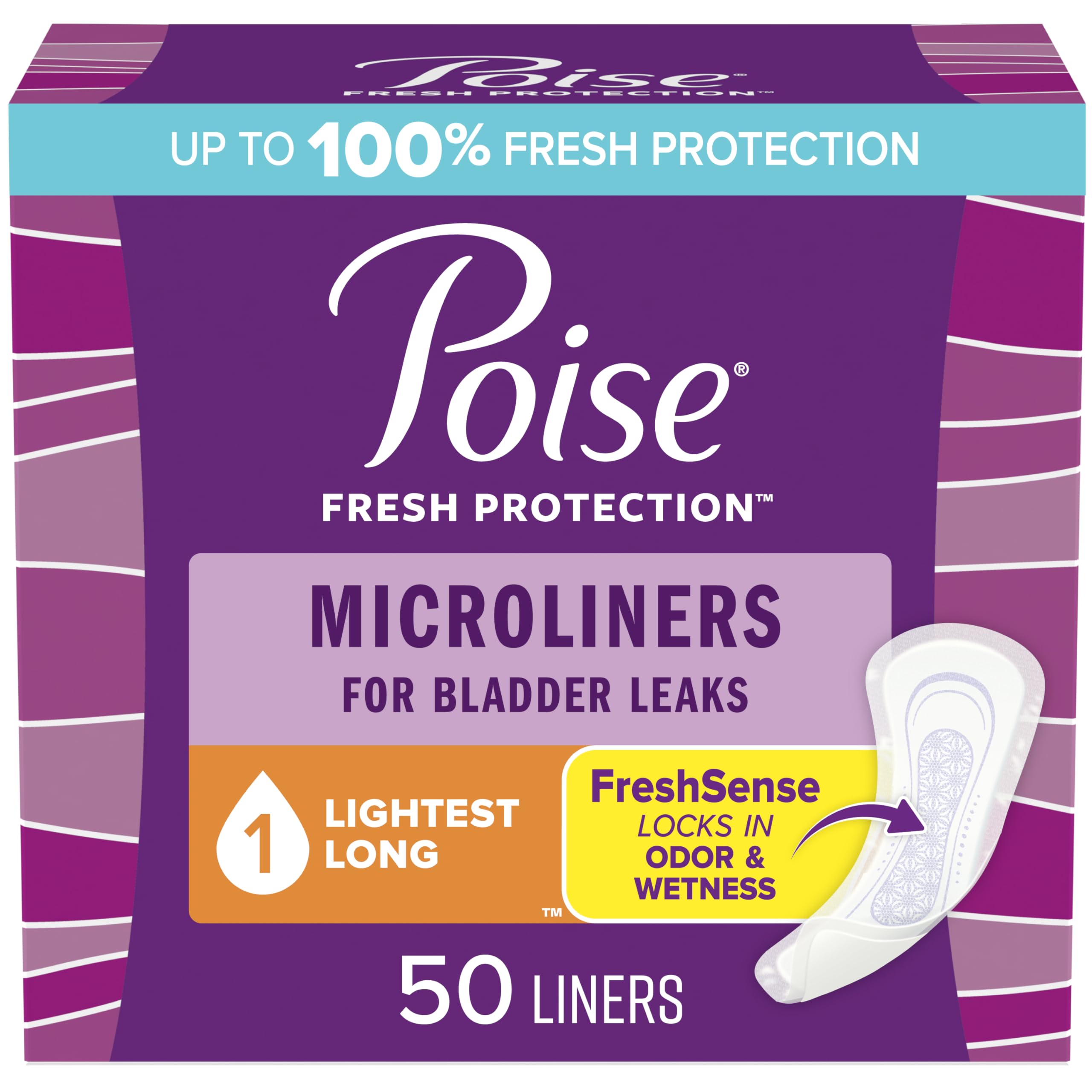 Poise Daily Microliners, Incontinence Panty Liners, 1 Drop Lightest Absorbency, Long Length, 50 Count of Pantiliners