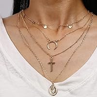 DoubleNine Boho Layered Necklace with Coin Cross Moon Crescent Saint Charm Jewelry Retro Accessories for Women Girls