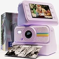 Kids Camera Instant Print, Anti-Blue Light Kid Polaroid Camera, 1080P Video Camera for Kids with 64GB TF Card, 2.4 Inch Screen Rechargeable Polaroid Digital Camera for Kids Age 4-12(Purple)