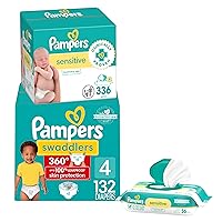 Pampers Swaddlers 360 Pull-On Diapers, Size 4, 132 Count, One Month Supply with Sensitive Baby Wipes, 4 Flip-Top Packs (336 Wipes Total) [Packaging May Vary]
