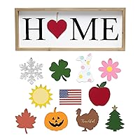 HG3201-RBK Rustic Farmhouse Wood Decorative Interchangeable Symbol Freestanding Frame w 12 Ornaments Christmas Halloween Easter Thanksgiving Summer Fall Heart, Natural Wood Black Home