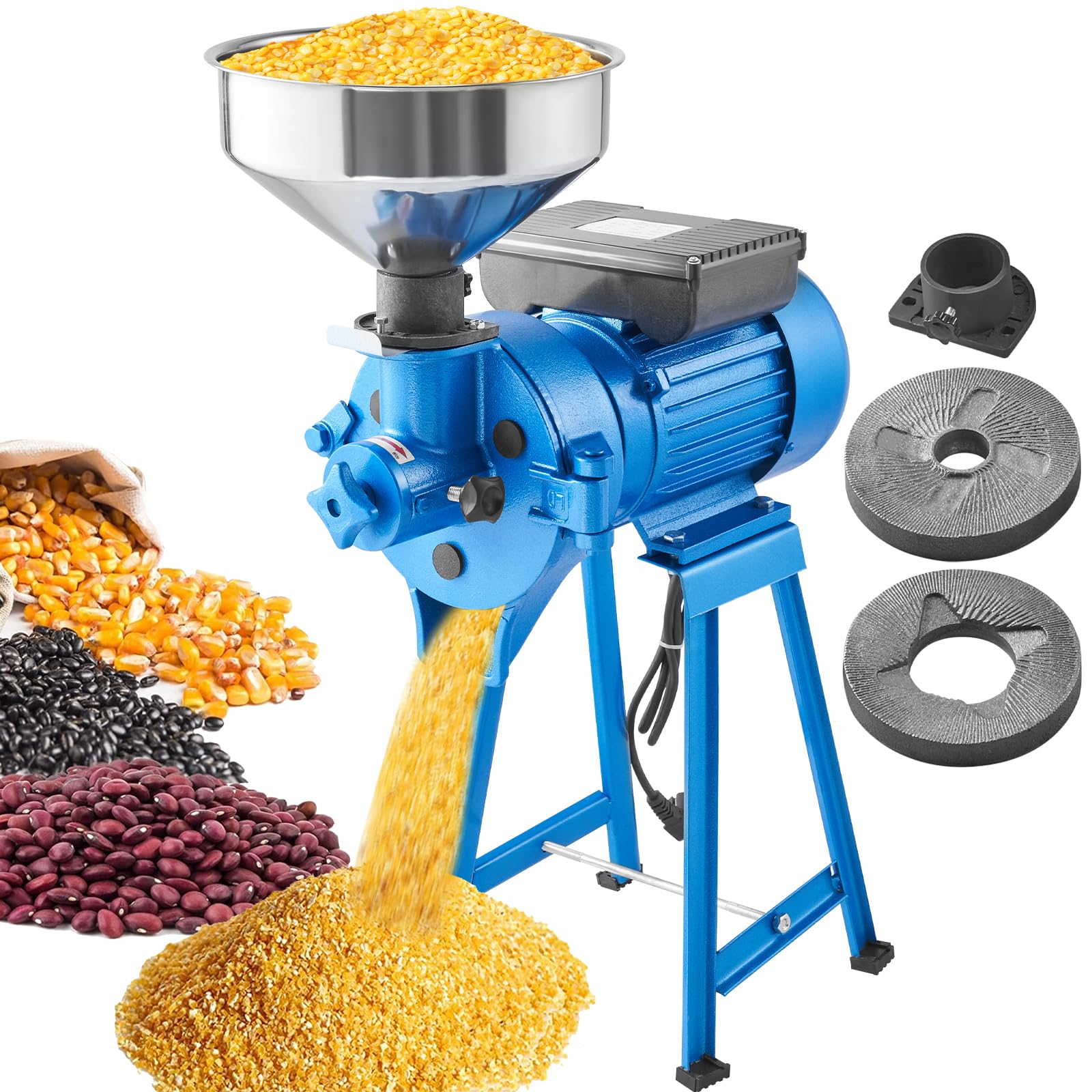 VEVOR Electric Grain Mill Grinder, 1500W 110V Dry & Wet Spice Grinder, Commercial Corn Mill with Funnel, Thickness Adjustable Powder Machine, Heavy Duty Feed Flour Cereal Mill Wheat Grinders