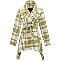 Women's Turn Down Collar Grid Coat Belted Wool Blend Coat Asymmetric Hem Wrap Coat