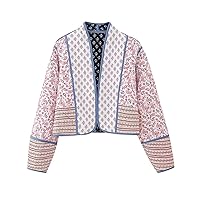 Flygo Women Cropped Puffer Jacket Cardigan Floral Printed Quilted Coats Lightweight Open Front Crop Padded Down Jackets(01Pink-S)