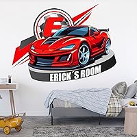 Cars Room Decor for Boys - Race Flag Name Wall Decal - Personalized Wall Art for Boys, Baby, and Kids - Custom Name Wall Decal with Race Car Theme (Sports Car)