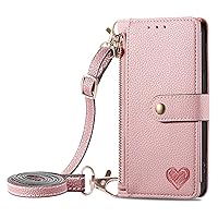 XYX Wallet Case for Samsung A35 5G, RFID Blocking Crossbody Chain Zipper Purse Wrist Strap Love Heart Leather Case with 7 Card Holder for Galaxy A35 5G, Pink